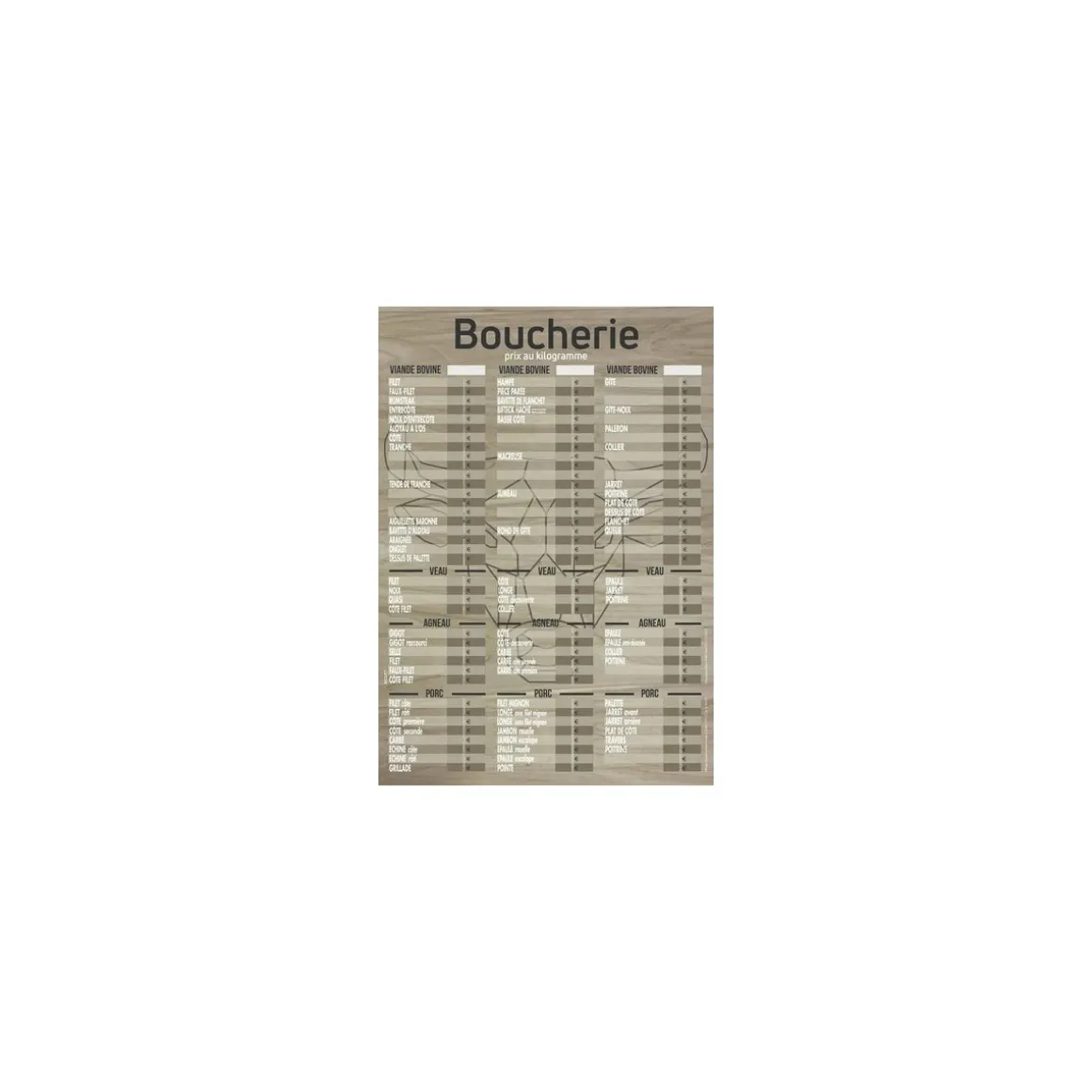Tableau tarif Boucherie Geotradi bois