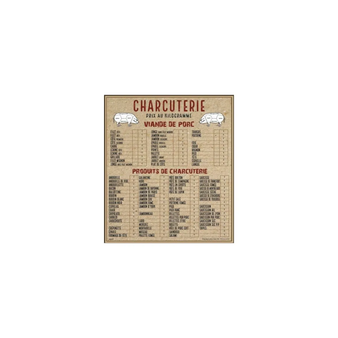 Tableau tarif charcuterie Deluxe 70 x 80 cm